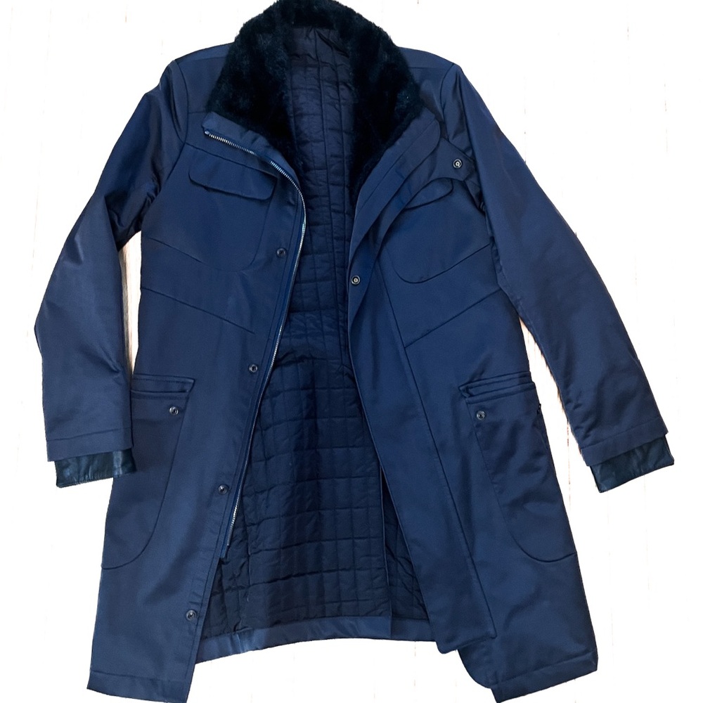 Navy Long Coat with Black faux Fur Collar
